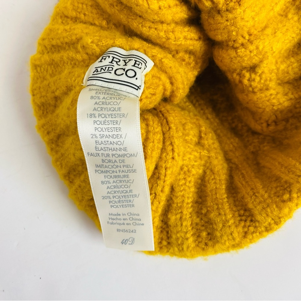 Frye & Co Mustard Yellow Cable Knit Beanie W/ Faux Fur Pom OS - Picture 3 of 4